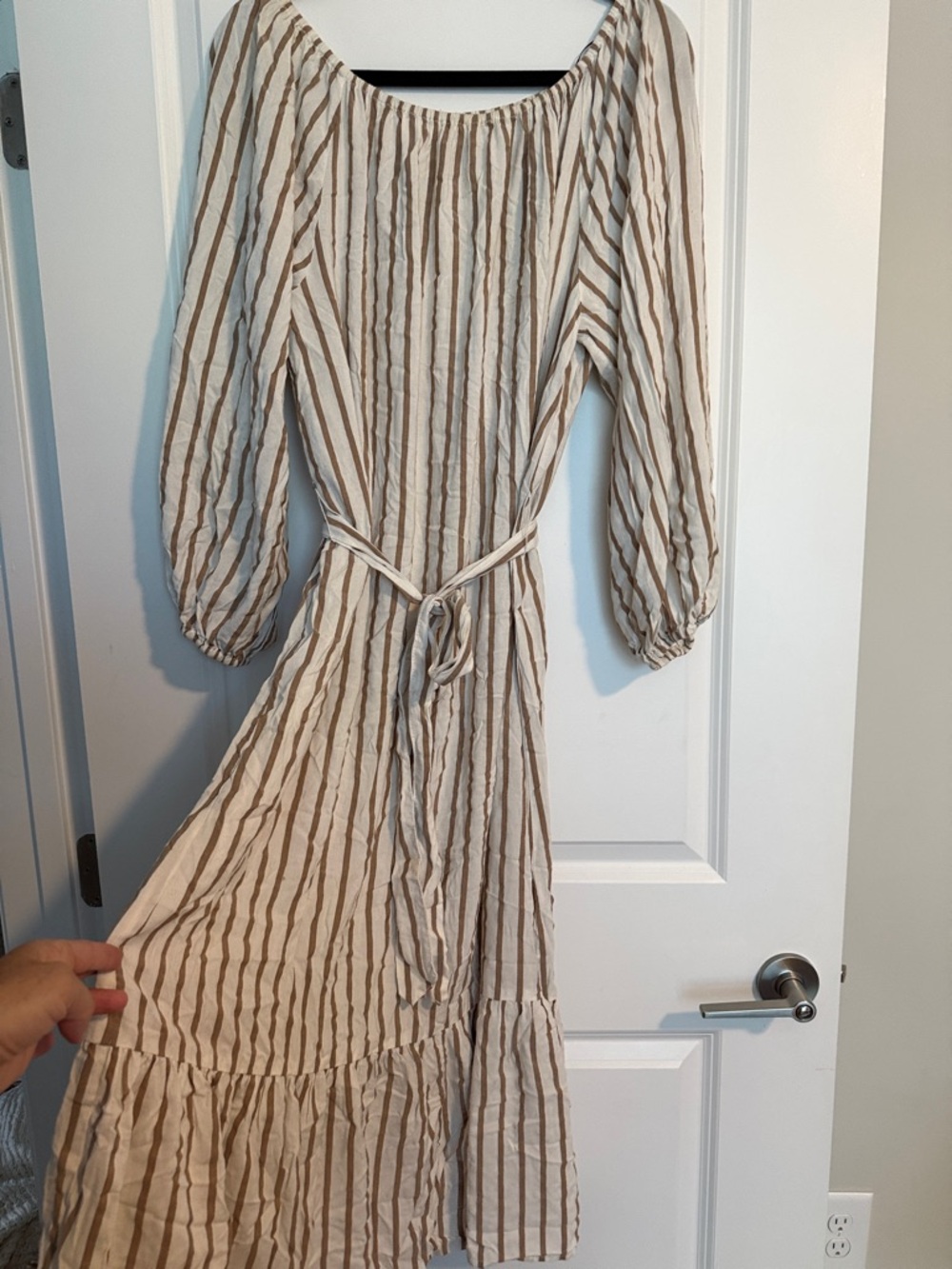 H&M Cream and Tan Striped Long Sleeve Midi Dress